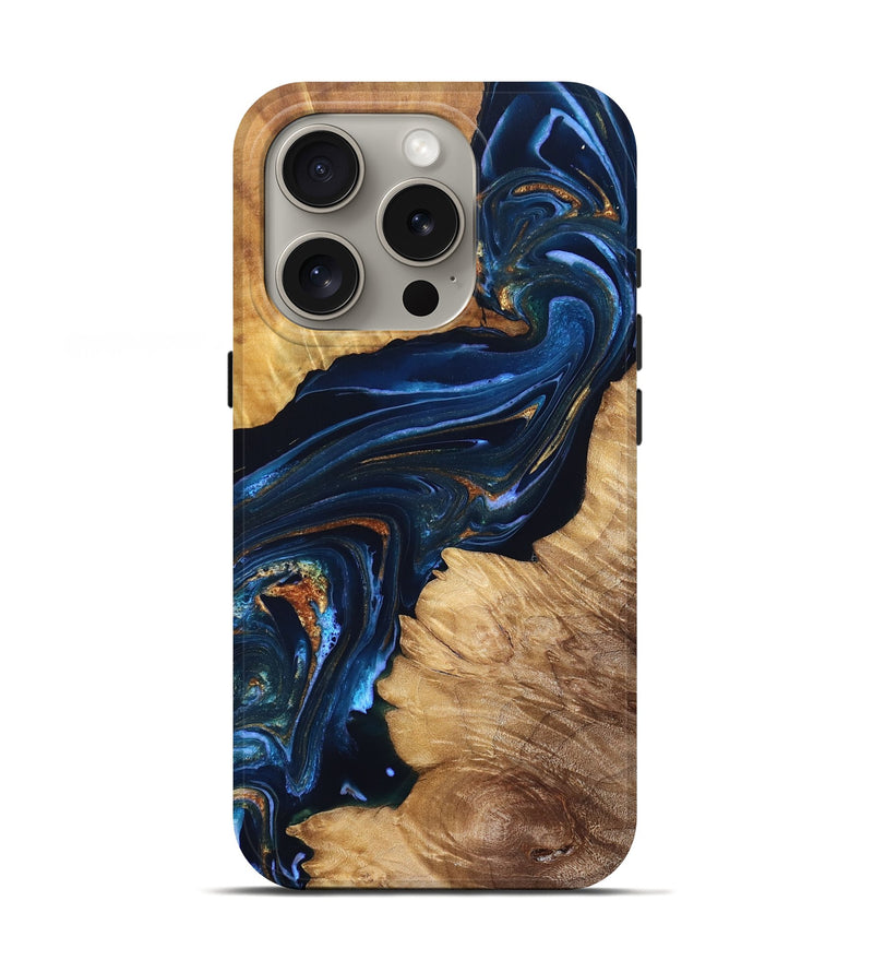 iPhone 16 Pro Wood Live Edge Phone Case - Tena (Teal & Gold, 831625)