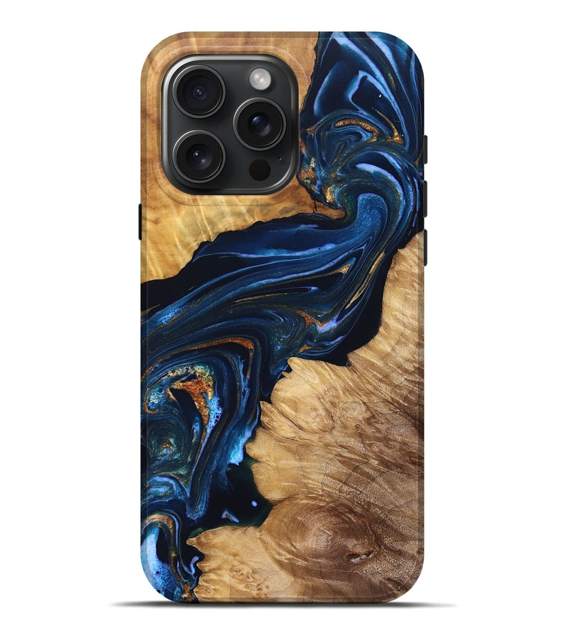 iPhone 16 Pro Max Wood Live Edge Phone Case - Tena (Teal & Gold, 831625)