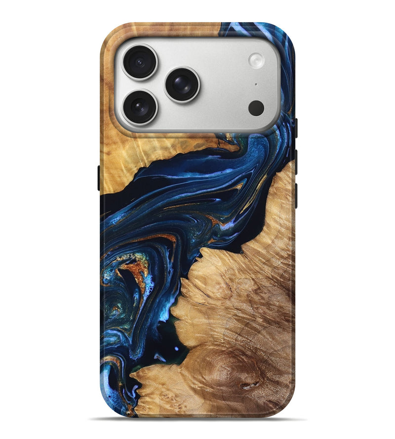 iPhone 17 Pro Max Wood Live Edge Phone Case - Tena (Teal & Gold, 831625)