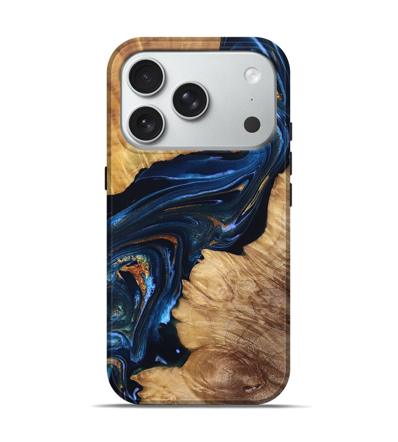 iPhone 18 Pro Wood Live Edge Phone Case - Tena (Teal & Gold, 831625)