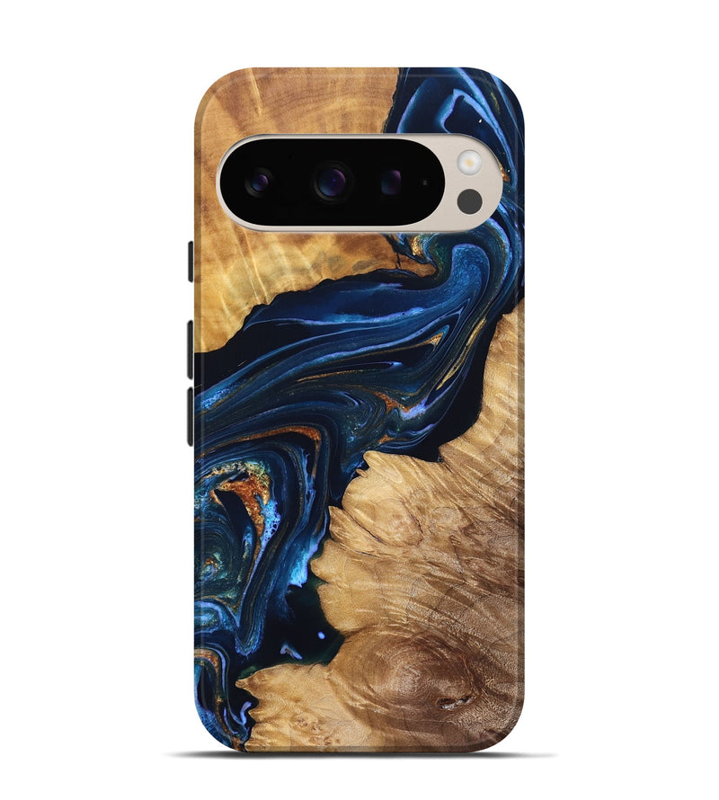 Pixel 9 Wood Live Edge Phone Case - Tena (Teal & Gold, 831625)