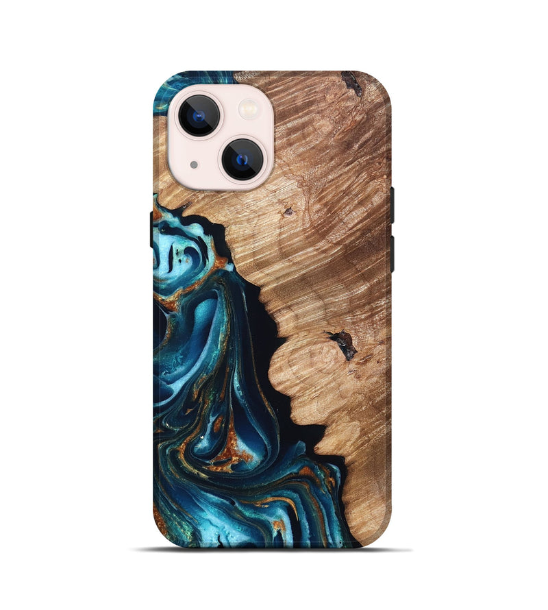 iPhone 13 mini Wood Live Edge Phone Case - Kylan (Teal & Gold, 831626)