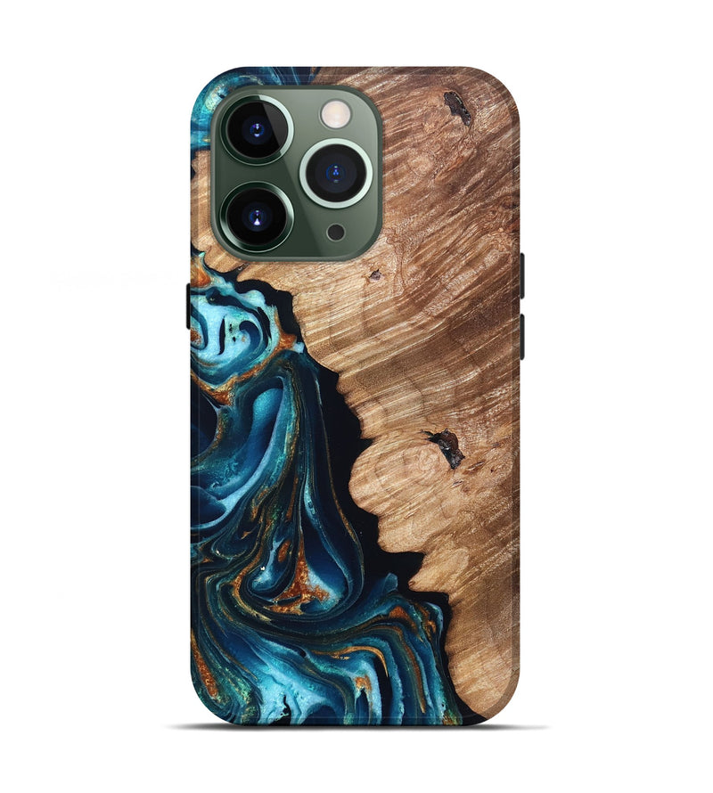 iPhone 13 Pro Wood Live Edge Phone Case - Kylan (Teal & Gold, 831626)