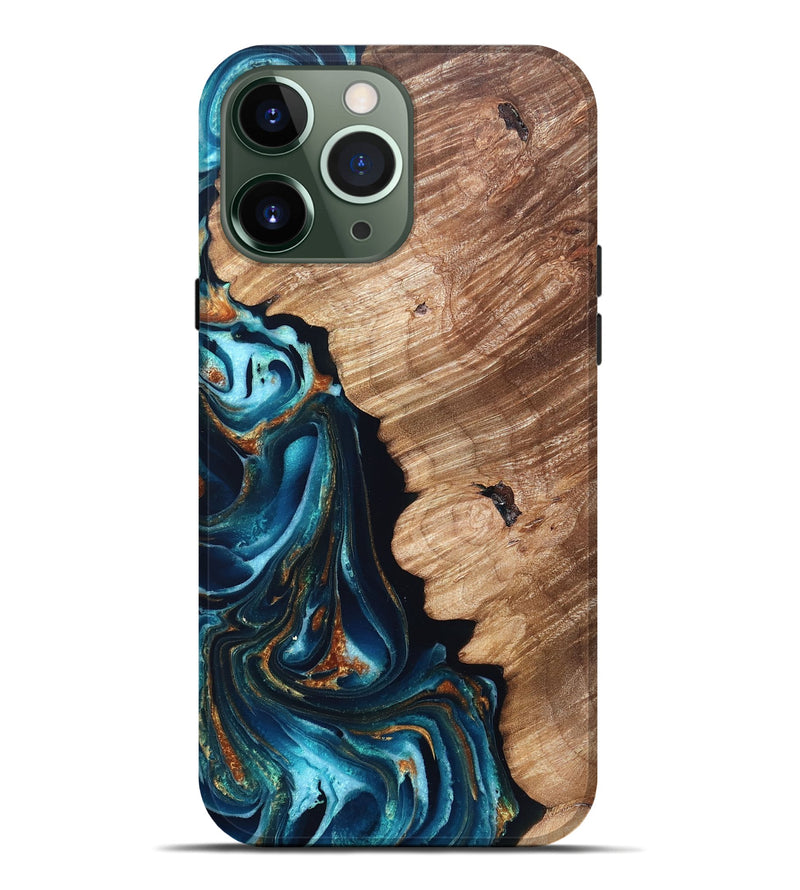 iPhone 13 Pro Max Wood Live Edge Phone Case - Kylan (Teal & Gold, 831626)