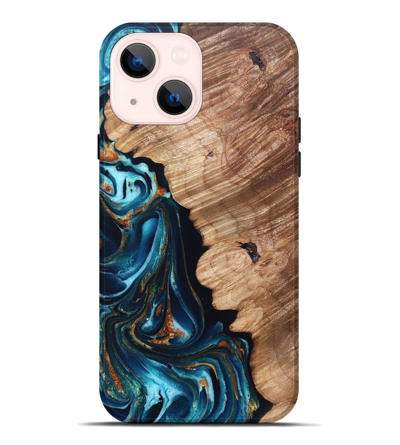iPhone 14 Plus Wood Live Edge Phone Case - Kylan (Teal & Gold, 831626)
