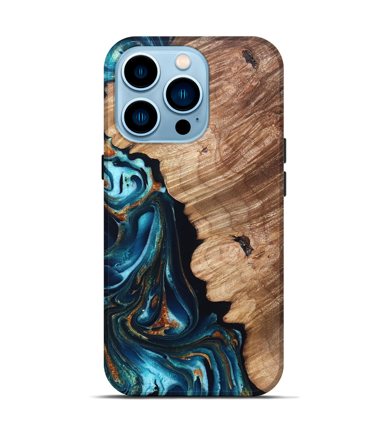 iPhone 14 Pro Wood Live Edge Phone Case - Kylan (Teal & Gold, 831626)
