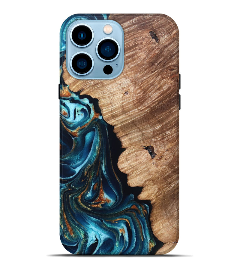 iPhone 14 Pro Max Wood Live Edge Phone Case - Kylan (Teal & Gold, 831626)