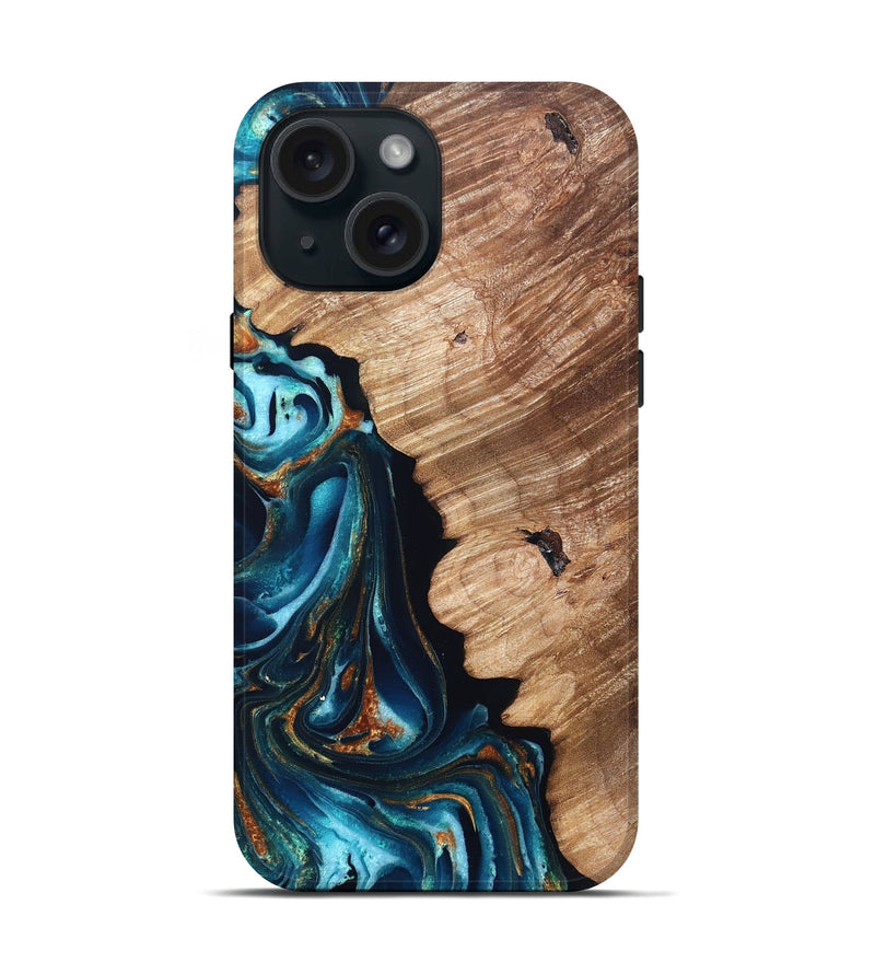 iPhone 15 Wood Live Edge Phone Case - Kylan (Teal & Gold, 831626)