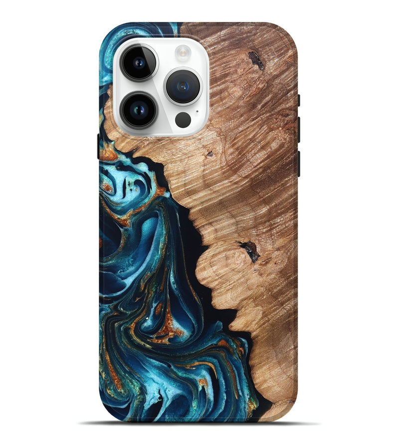 iPhone 15 Pro Max Wood Live Edge Phone Case - Kylan (Teal & Gold, 831626)