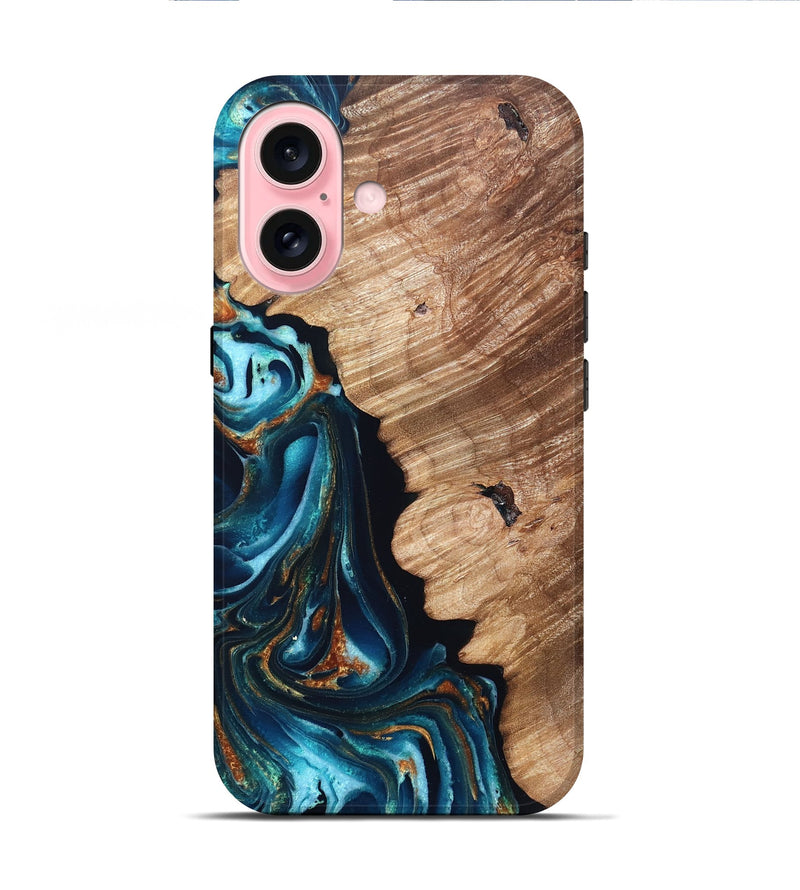 iPhone 16 Wood Live Edge Phone Case - Kylan (Teal & Gold, 831626)