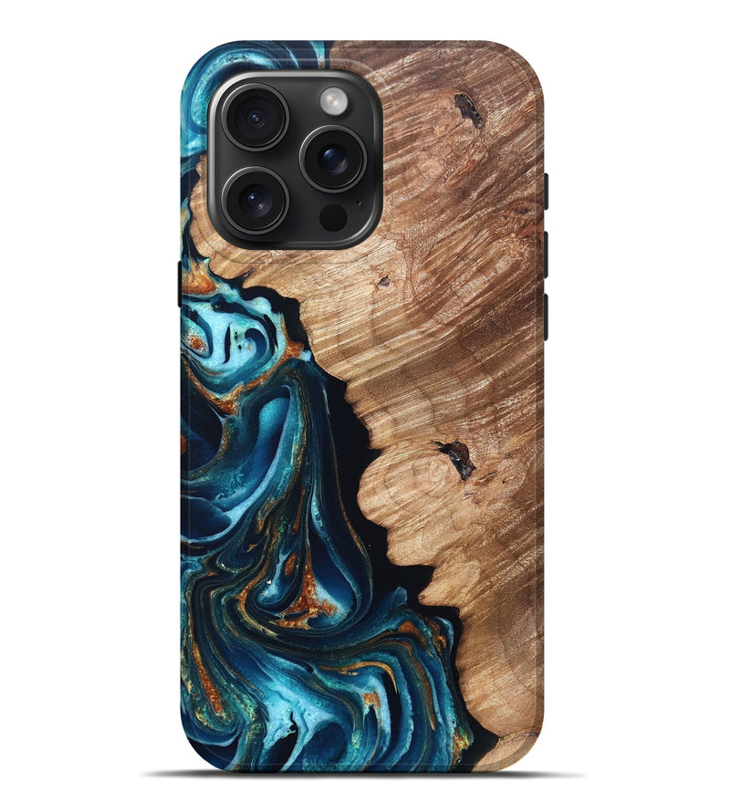 iPhone 16 Pro Max Wood Live Edge Phone Case - Kylan (Teal & Gold, 831626)