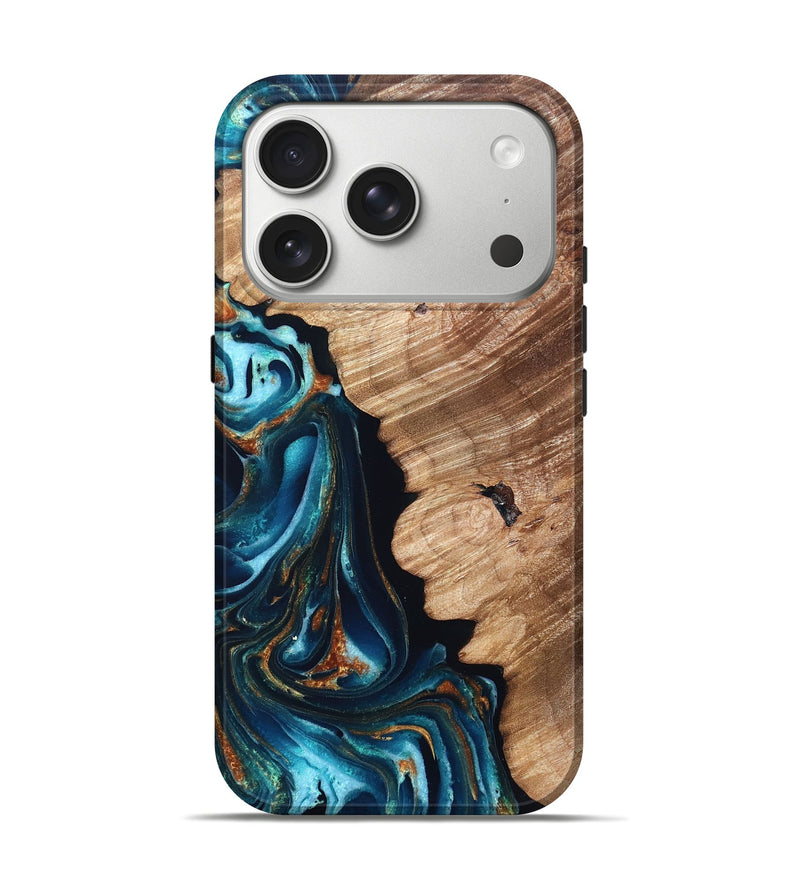 iPhone 17 Pro Wood Live Edge Phone Case - Kylan (Teal & Gold, 831626)