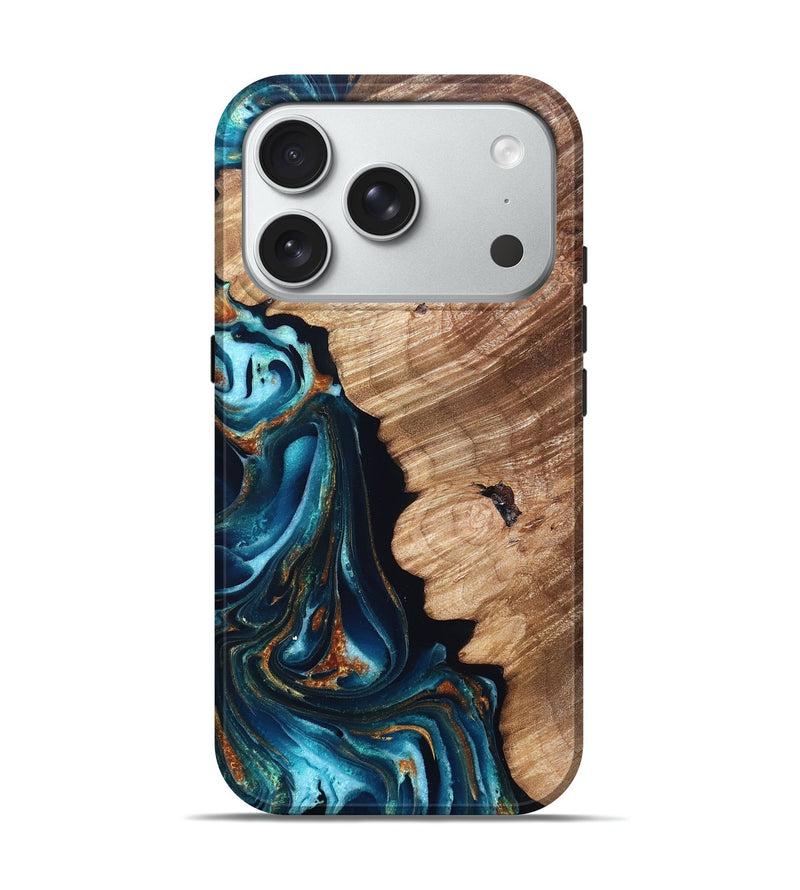 iPhone 18 Pro Wood Live Edge Phone Case - Kylan (Teal & Gold, 831626)