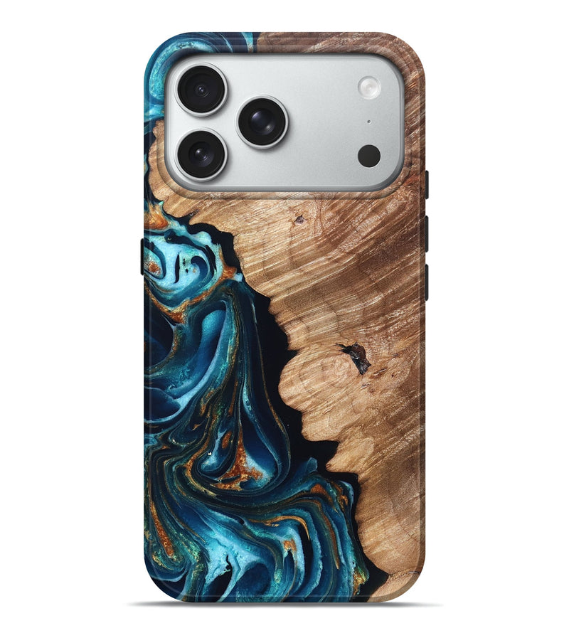 iPhone 18 Pro Max Wood Live Edge Phone Case - Kylan (Teal & Gold, 831626)