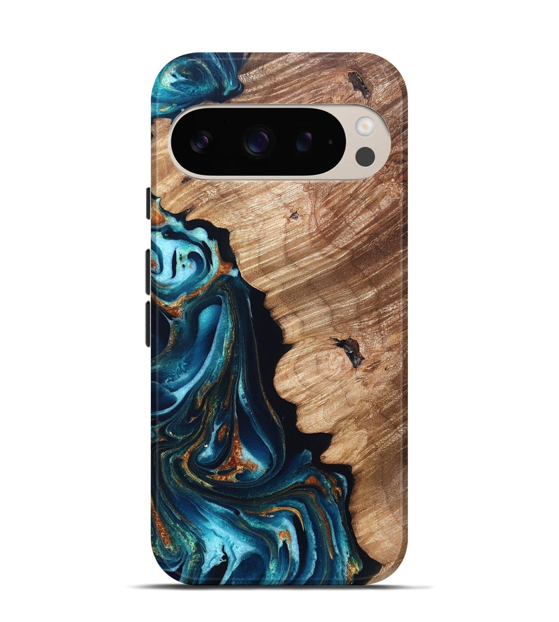 Pixel 9 Pro Wood Live Edge Phone Case - Kylan (Teal & Gold, 831626)