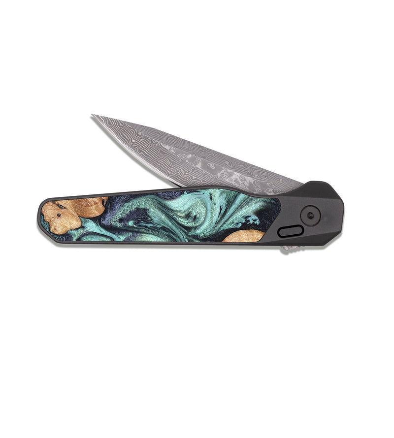 EDC Dark Damascus Wood Pocket Knife - Pamala (Green, 831703)
