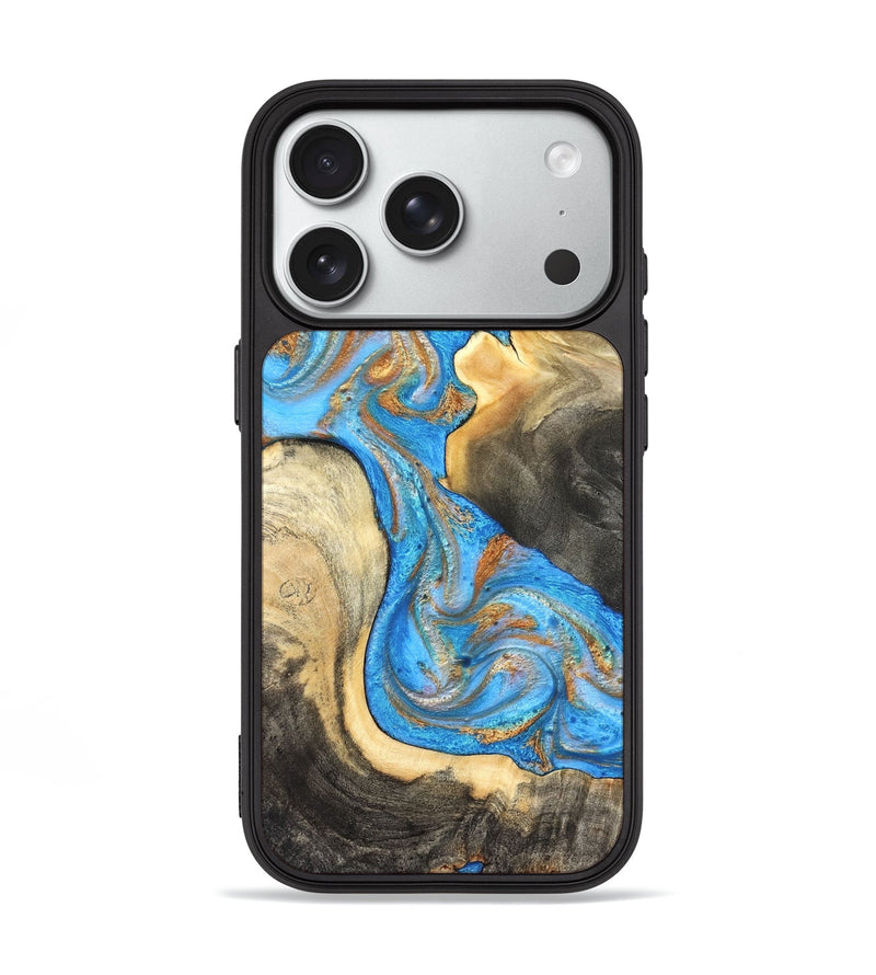 iPhone 18 Pro Wood Phone Case - Noa (Teal & Gold, 831731)