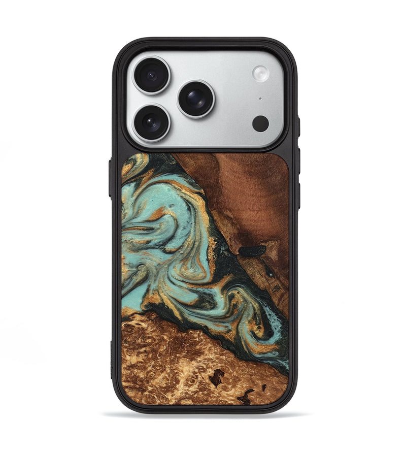 iPhone 18 Pro Wood Phone Case - Shaina (Teal & Gold, 831736)