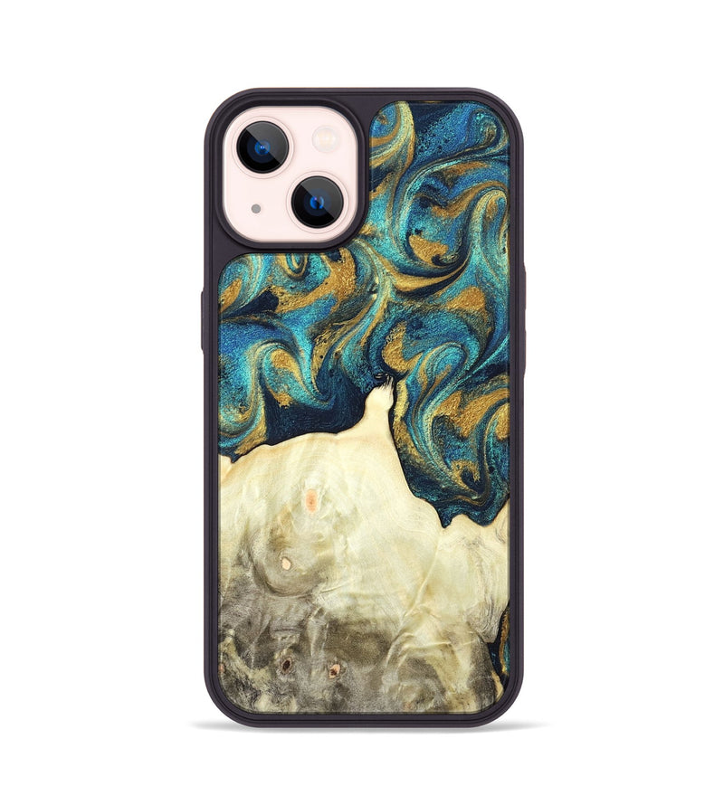 iPhone 14 Wood Phone Case - Candis (Teal & Gold, 831752)