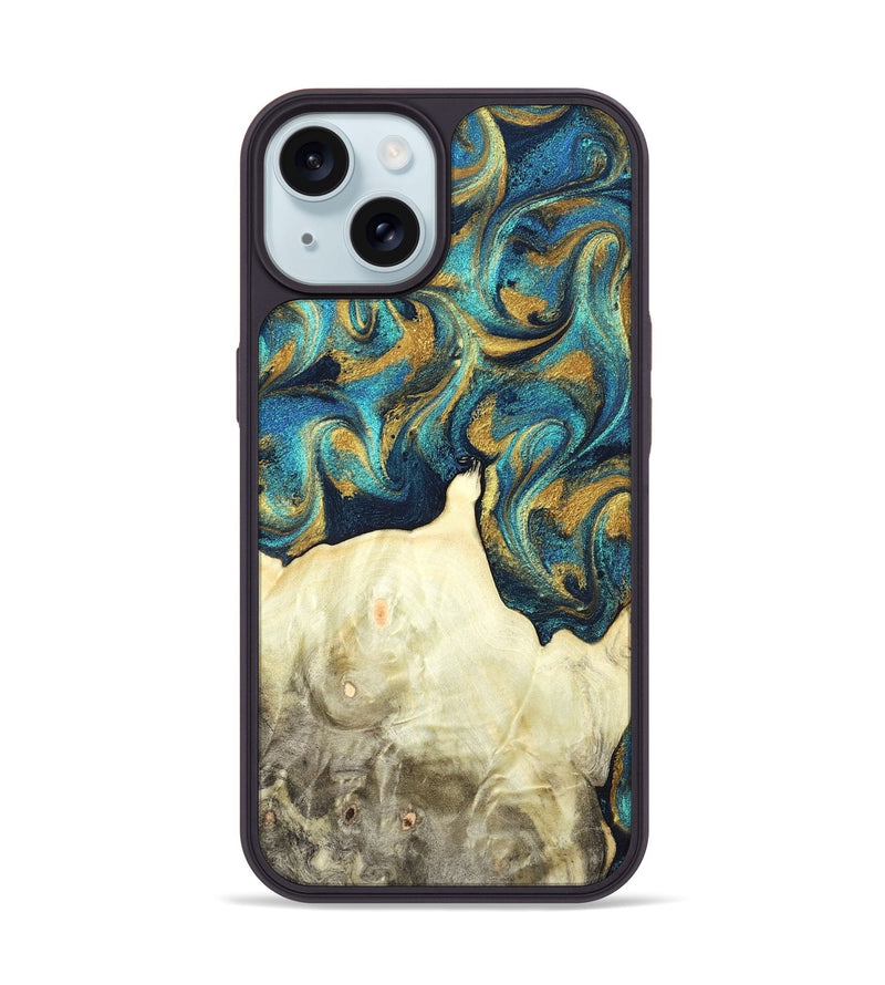 iPhone 15 Wood Phone Case - Candis (Teal & Gold, 831752)