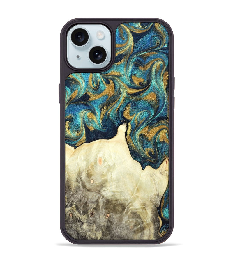 iPhone 15 Plus Wood Phone Case - Candis (Teal & Gold, 831752)