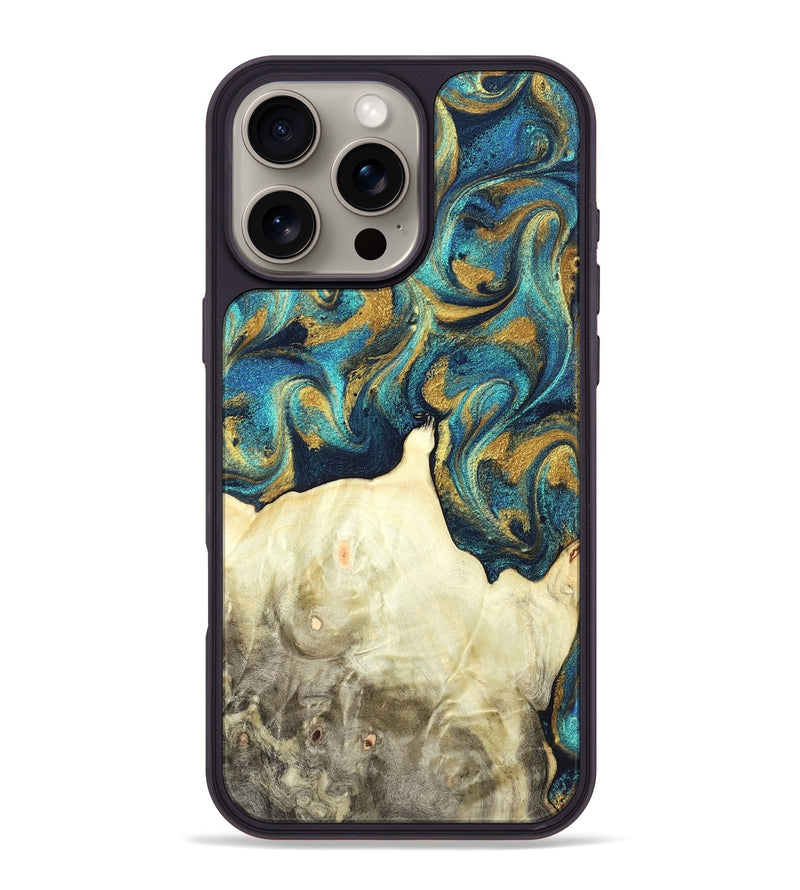 iPhone 16 Pro Max Wood Phone Case - Candis (Teal & Gold, 831752)