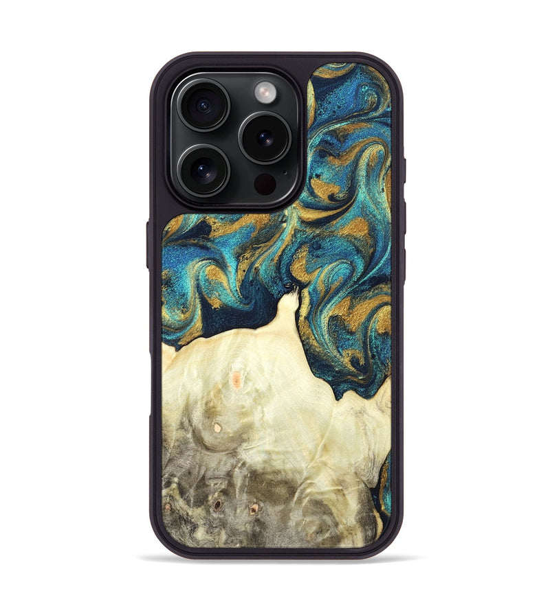 iPhone 16 Pro Wood Phone Case - Candis (Teal & Gold, 831752)
