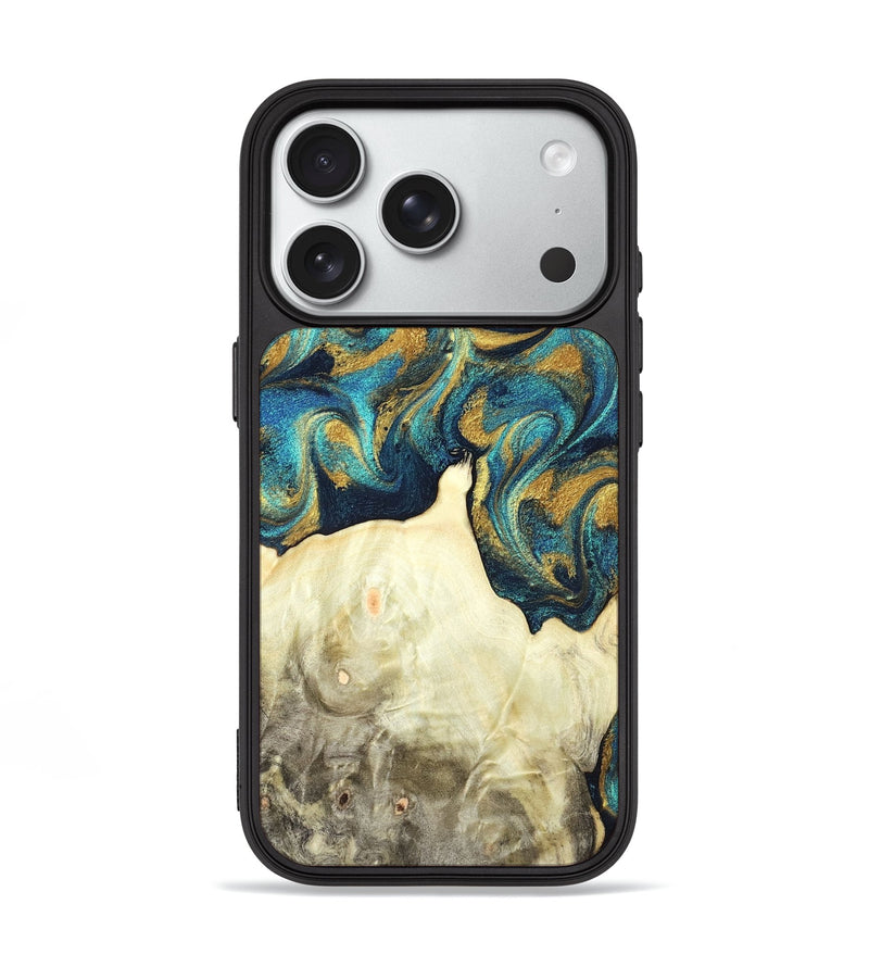 iPhone 18 Pro Wood Phone Case - Candis (Teal & Gold, 831752)