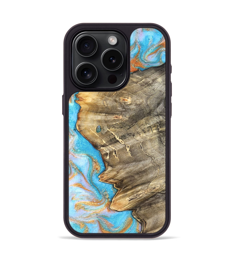 iPhone 15 Pro Wood Phone Case - Adele (Teal & Gold, 831754)