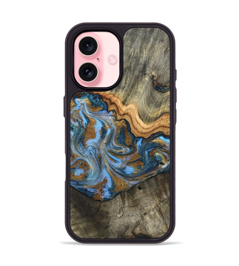 iPhone 16 Wood Phone Case - Kassie (Teal & Gold, 831756)