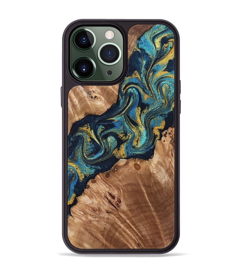iPhone 13 Pro Max Wood Phone Case - Erwin (Teal & Gold, 831758)