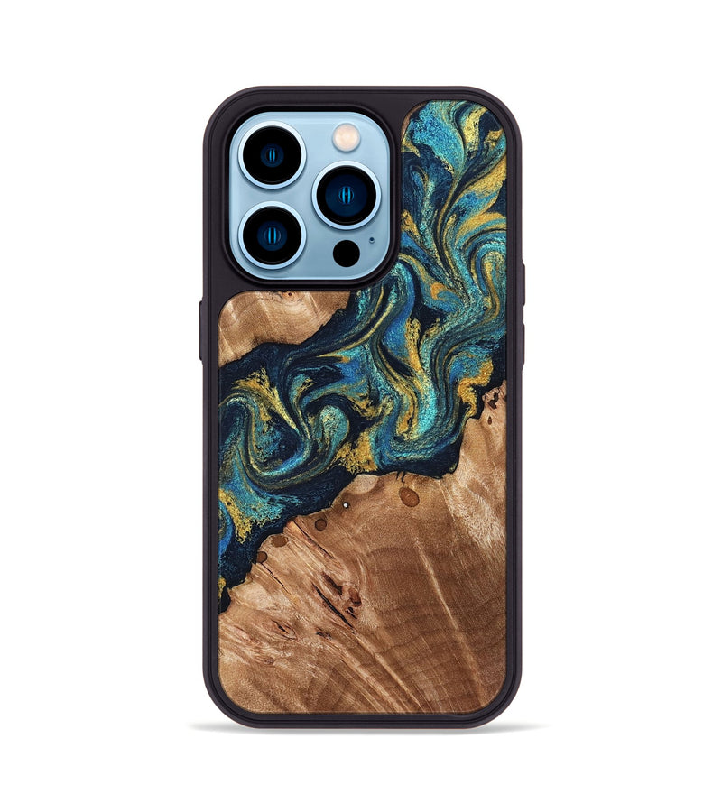iPhone 14 Pro Wood Phone Case - Erwin (Teal & Gold, 831758)