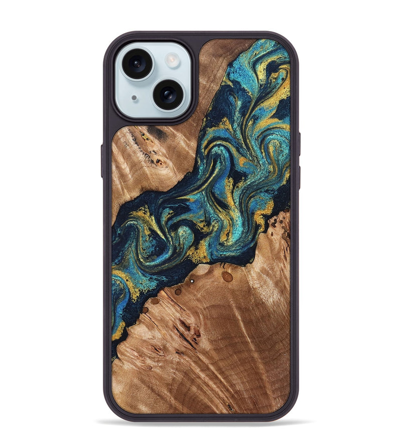 iPhone 15 Plus Wood Phone Case - Erwin (Teal & Gold, 831758)