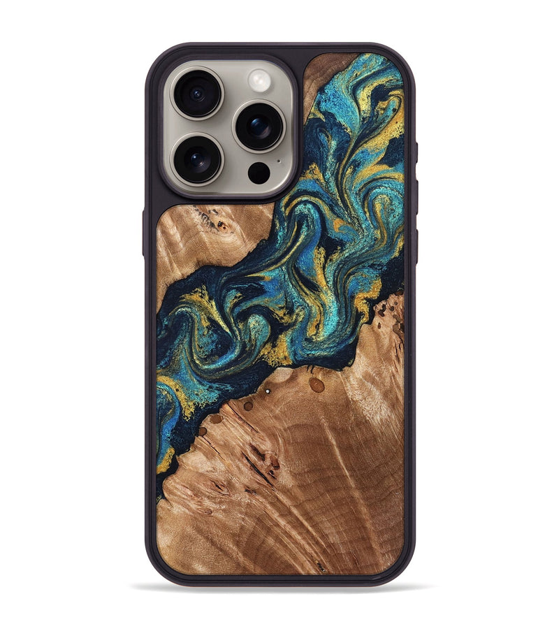 iPhone 15 Pro Max Wood Phone Case - Erwin (Teal & Gold, 831758)