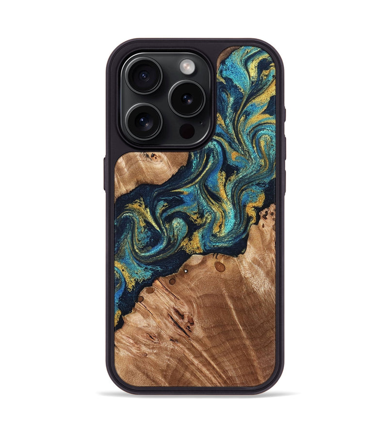 iPhone 15 Pro Wood Phone Case - Erwin (Teal & Gold, 831758)