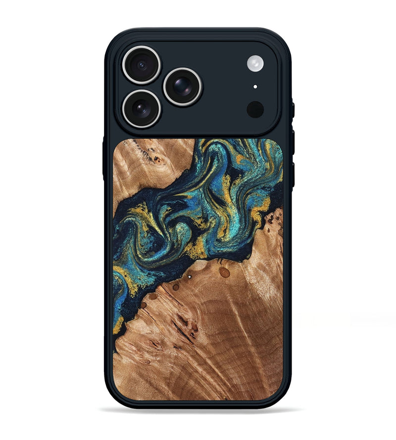 iPhone 17 Pro Max Wood Phone Case - Erwin (Teal & Gold, 831758)