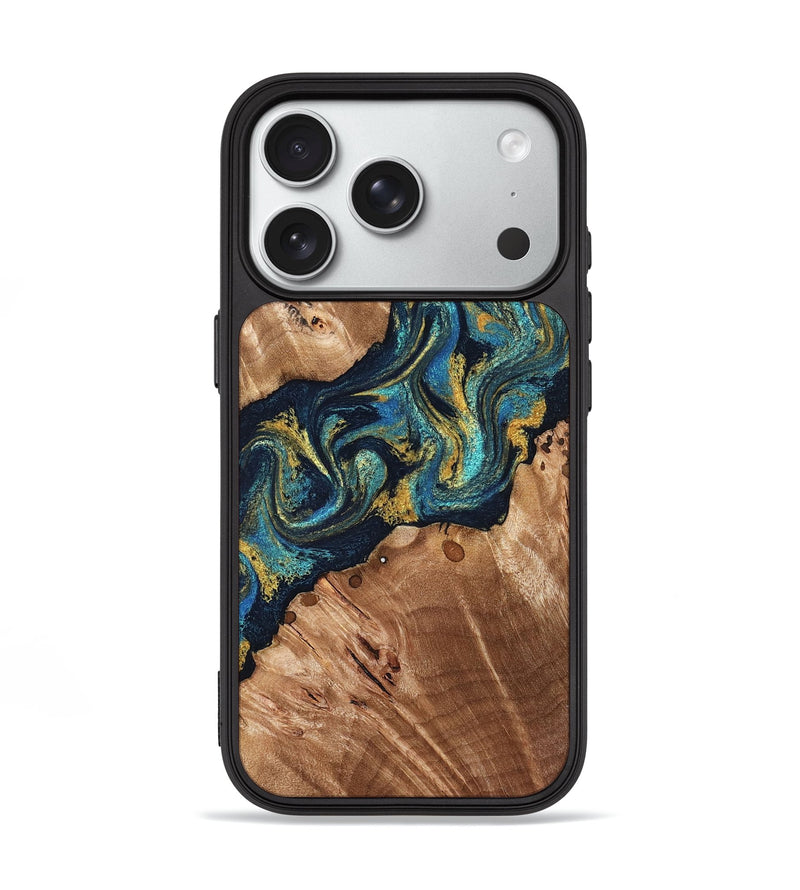 iPhone 18 Pro Wood Phone Case - Erwin (Teal & Gold, 831758)