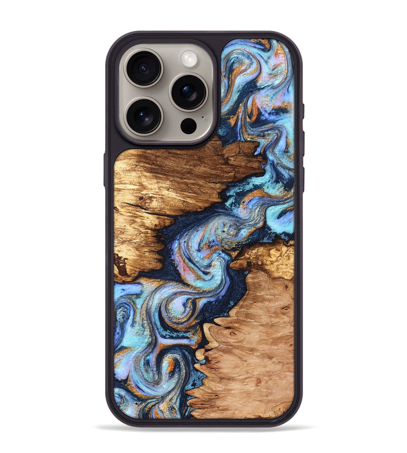 iPhone 15 Pro Max Wood Phone Case - Brady (Teal & Gold, 831760)