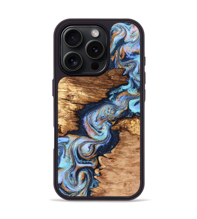 iPhone 16 Pro Wood Phone Case - Brady (Teal & Gold, 831760)