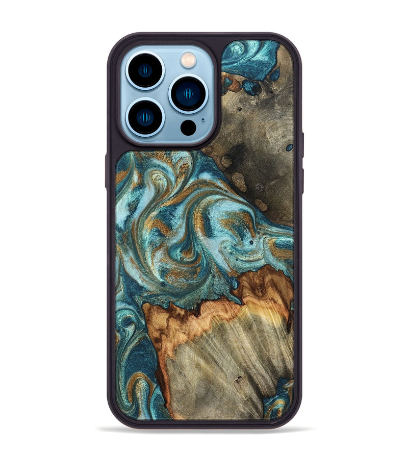 iPhone 14 Pro Max Wood Phone Case - Beckett (Teal & Gold, 831763)