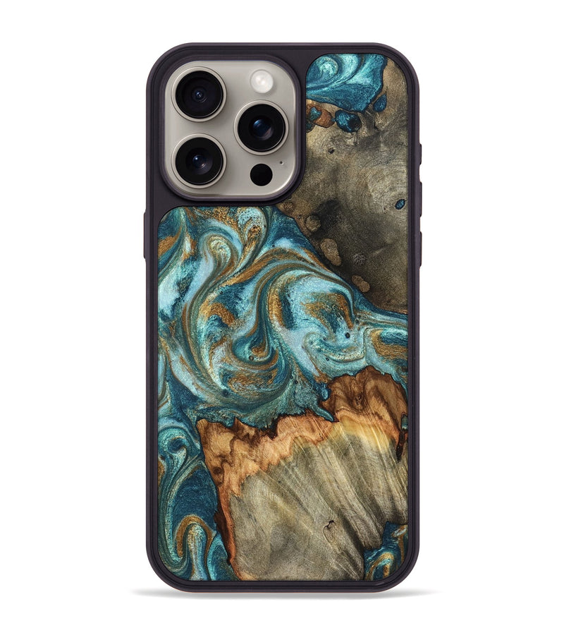 iPhone 15 Pro Max Wood Phone Case - Beckett (Teal & Gold, 831763)