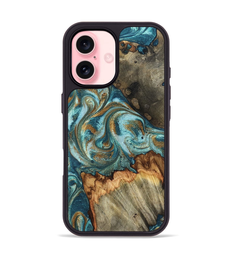 iPhone 16 Wood Phone Case - Beckett (Teal & Gold, 831763)