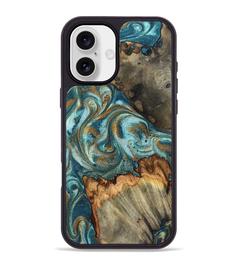 iPhone 16 Plus Wood Phone Case - Beckett (Teal & Gold, 831763)