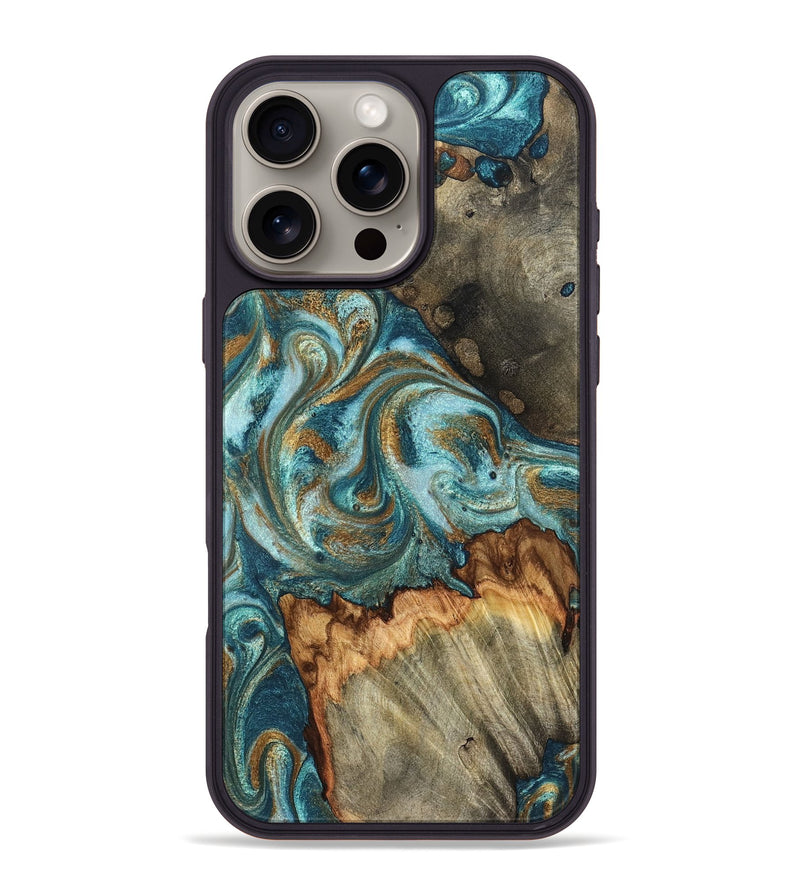 iPhone 16 Pro Max Wood Phone Case - Beckett (Teal & Gold, 831763)
