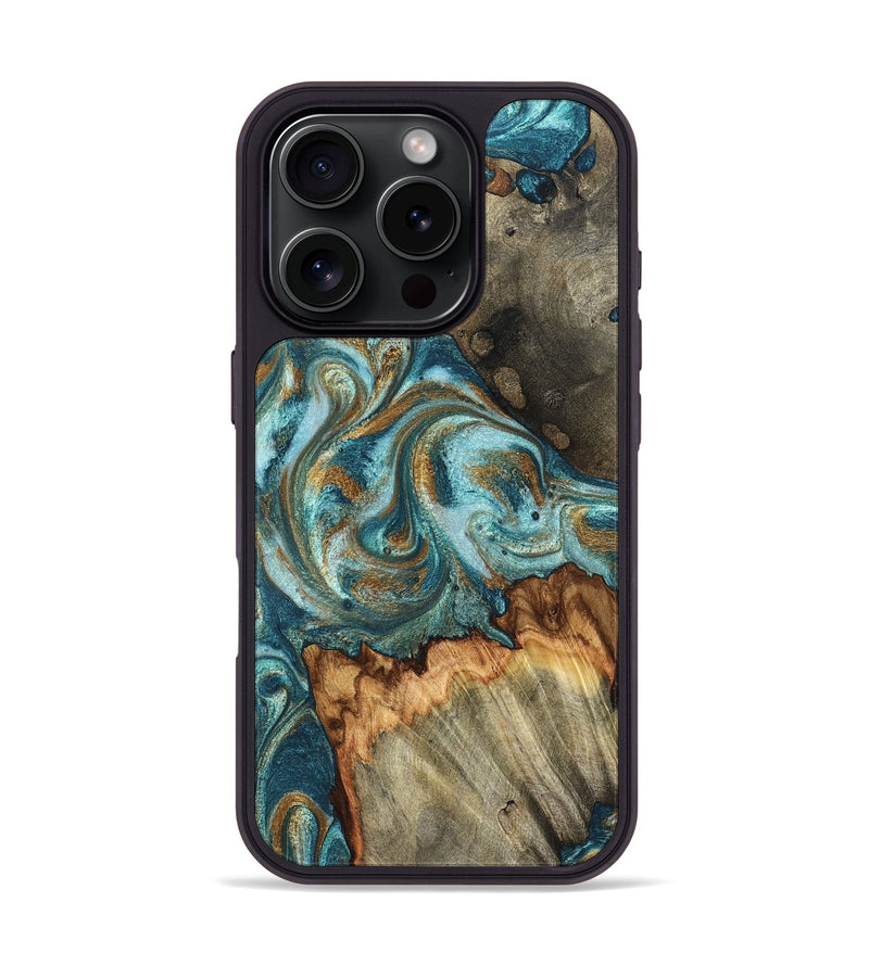 iPhone 16 Pro Wood Phone Case - Beckett (Teal & Gold, 831763)