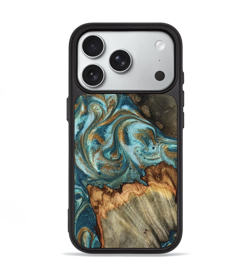 iPhone 18 Pro Wood Phone Case - Beckett (Teal & Gold, 831763)