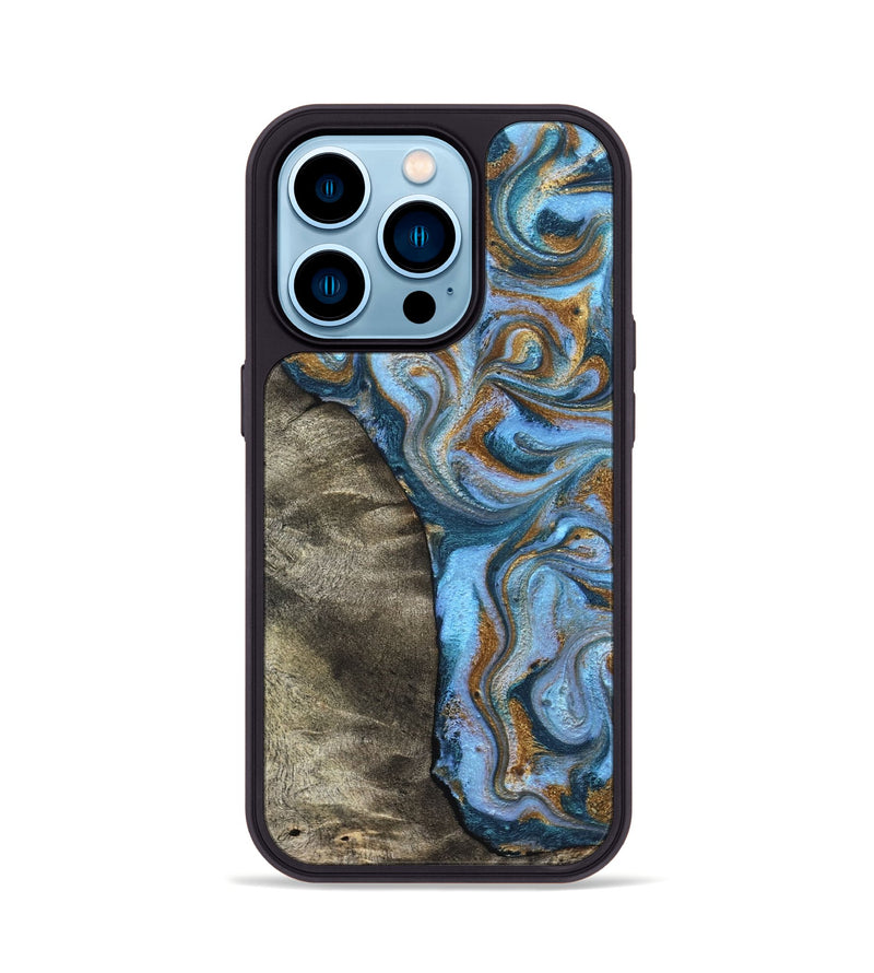 iPhone 14 Pro Wood Phone Case - Kelsie (Teal & Gold, 831766)