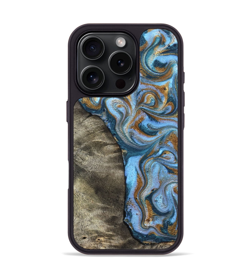 iPhone 16 Pro Wood Phone Case - Kelsie (Teal & Gold, 831766)