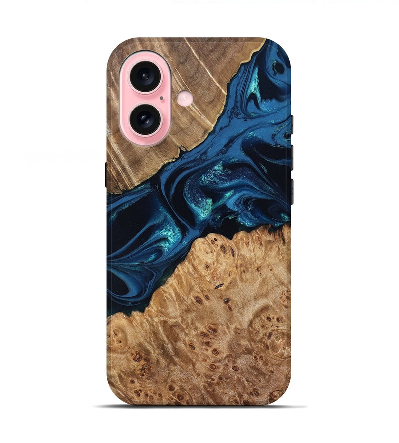 iPhone 16 Wood Live Edge Phone Case - Ramon (Blue, 831839)