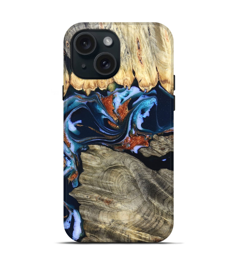 iPhone 15 Wood Live Edge Phone Case - Marc (Teal & Gold, 831846)